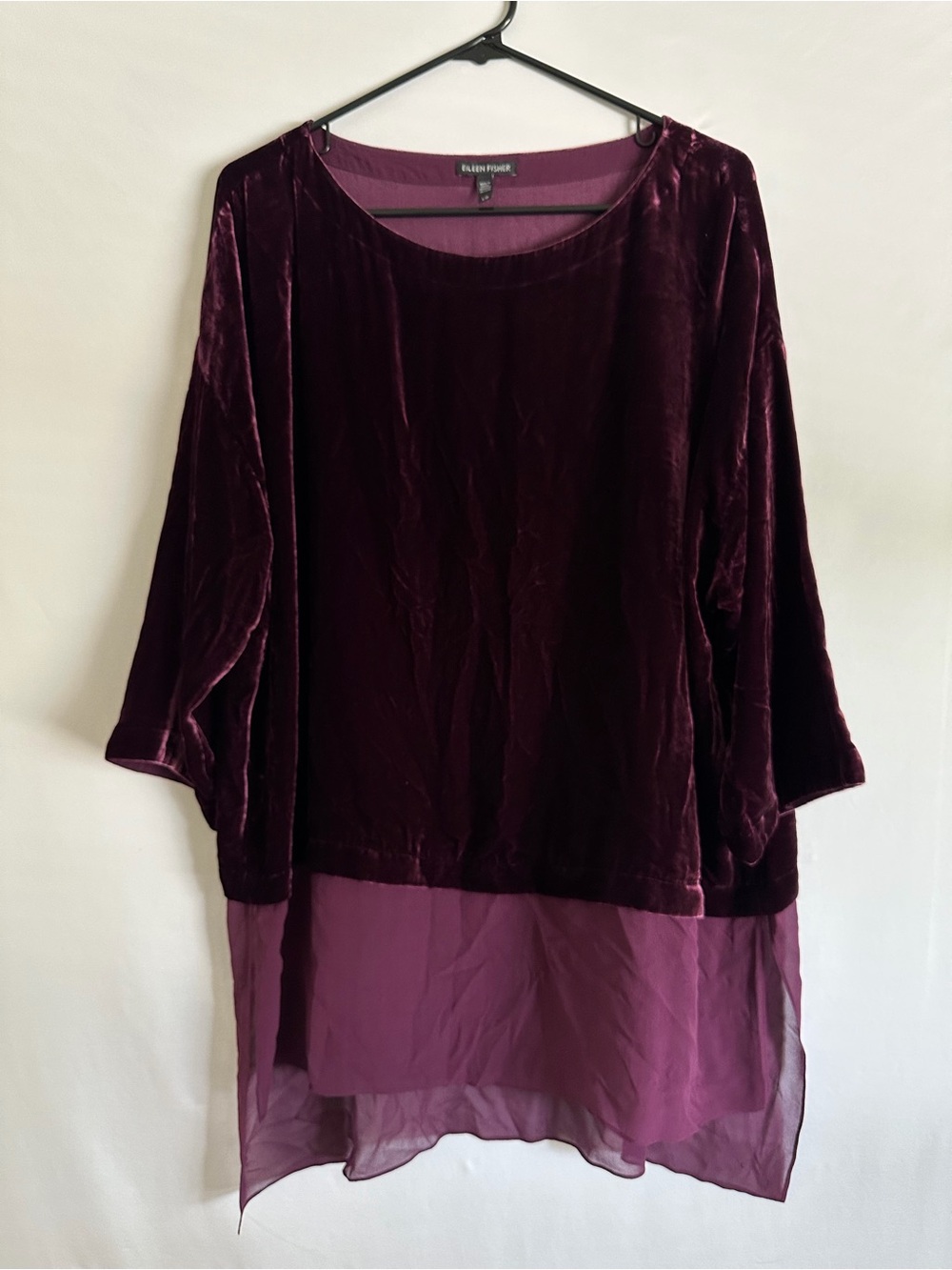 EILEEN FISHER Tunic L Velvet Sheer Silk Chiffon Hem Layered Boat Neck Purple